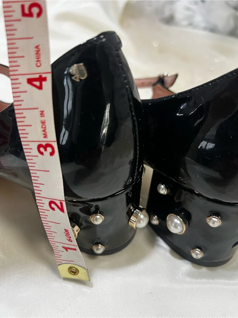 kate spade Black Patent Leather Mary Jane Heeled shoes with Pearl Studs